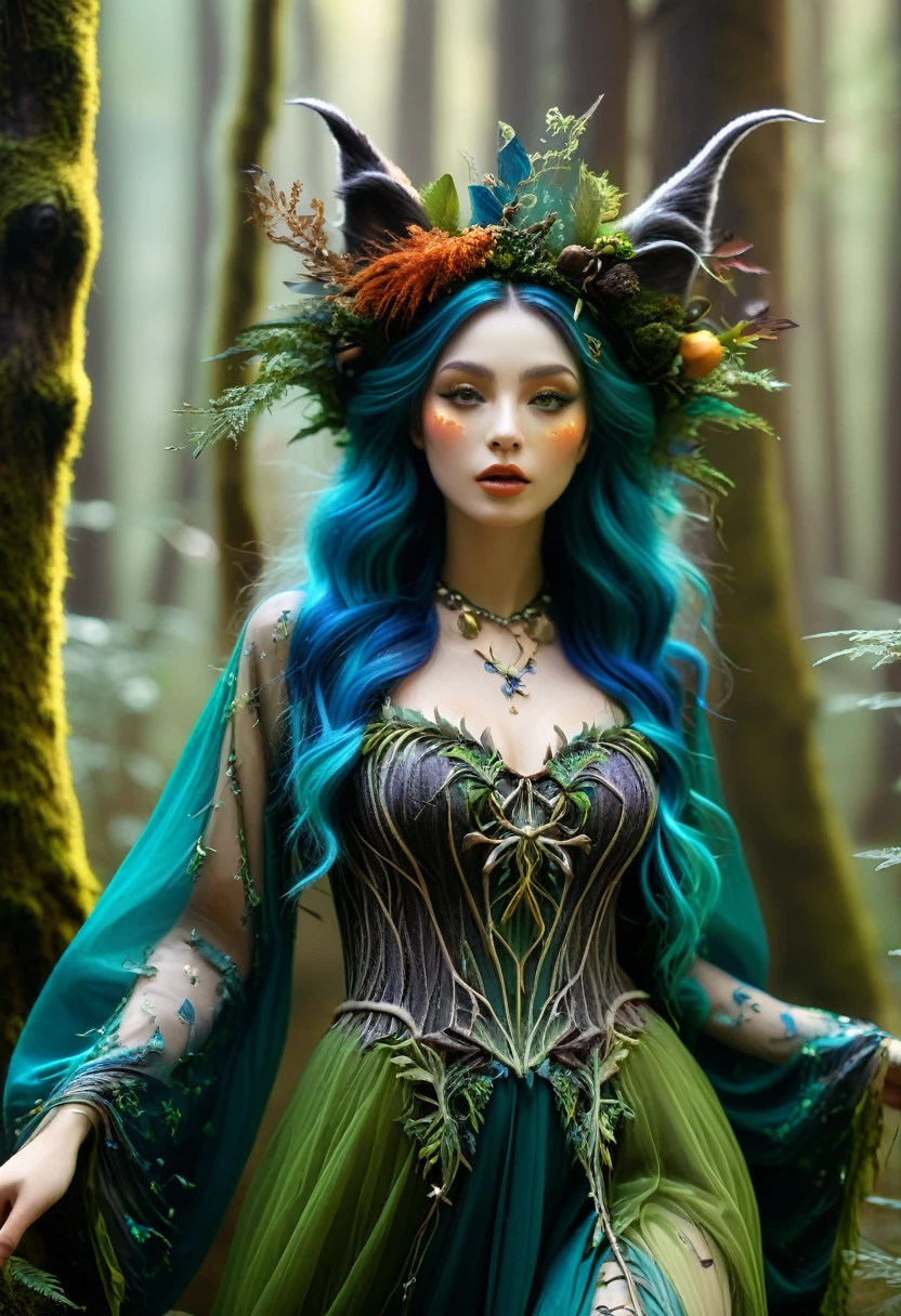 high quality, 8K Ultra HD, 一位迷人女性的Surrealism肖像.
最high quality,masterpiece:1.2,details,A full-body image of a beautiful forest witch wearing a decorative dress., Exquisite facial features,Witch fashion, Dynamic poses, Fairy tale lights, Surrealism, Ultra-maximalism, Crazy details, 4K
