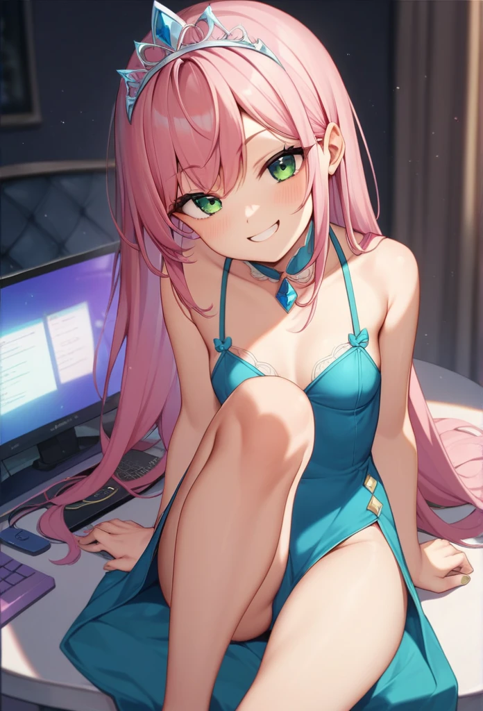 High resolution, masterpiece, Anatomically correct, Highest quality, Long Hair, Pink Hair, chest, smug face, headphone, Green Eyes,tiara、Gorgeous dress、Overlooking、Cute room background with a computer,Feet out of frame, Small breasts、Slender body、Not sexy