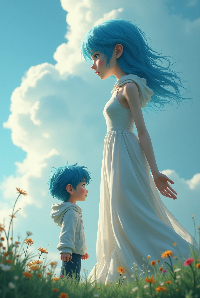 Minecraft boy in white hoodie and blue hairs and 100 meters big girl near him