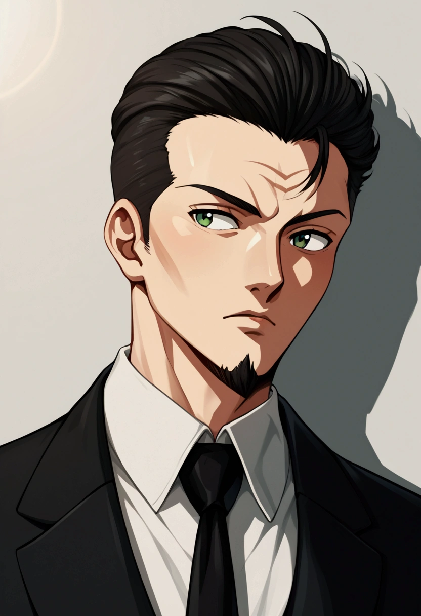 1man, man in black, vigorous mature, business hair with asymmetrical bangs, goatee, green platina blond hair, emerald eyes, BREAK 40yo, charming caucasian, slightly long chiseled face, deep set, angular jaw, facial wrinkles, crewcut, BREAK ideal ratio body proportions, middle weight muscular, beautiful detailed eyes, dark hero, best eyes, BREAK solo, funeral black suit, black necktie, white shirt, at wall street, detailed background, gloom, cool expression, natural standing, looking away, BREAK upperlegs, dramatic expression, in korean illustration style, masculine comic art, 2010s, retro visual novel, in newest eroge style, in persona style, dutch angle, cinematic shadows, cinematic lighting, lens flare, light leaks, texture, absurdres absolutely resolution, extreme all detailed, greatest painting, BREAK masterpiece, best quality, BREAK score_9, score_8_up, score_7_up, source_anime, rating_safe, score_6_up, score_5_up, score_4_up