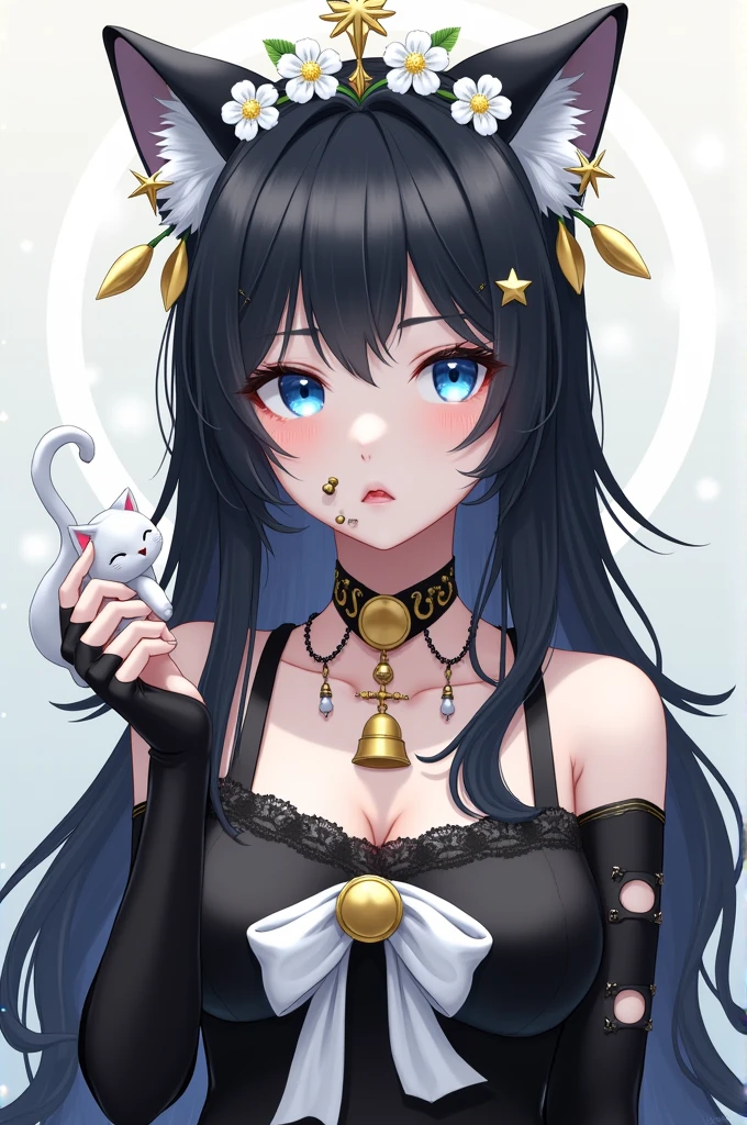 2 pirging on the winged lips at each end, white foot, blue eye color, long black hair with cat ears and piecipg on the ears, tiara of white stars, white flowers with leaves above the ears, necklace with a yellow bell , black top type shirt with a white bow on the chest, black arm warmers in the shape of a cat, a white cat on the side