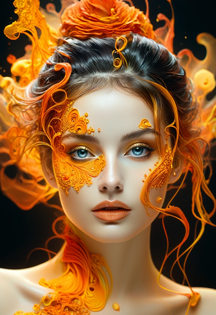high quality, 8K Ultra HD, Surreal portrait of a stunning woman.
Sacred Death,best quality,number,extremely Smooth,body fluid,3D Fractals,Light Particles,Dreamy,Smooth,sparkling,Dreamy glow,Alberto Seveso (Alberto Seveso) Concept Art,Anna Dittmann,arthur rackham,of color schemes,32K,Wet black and orange color inks line art Dreamy female portrait with lot of lace filigrees on black canvas illustration described in the perfect fractal style of Vassily Kandinsky,by Jackson Pollock,Alphonse Mucha and Jeremy Mann,Headquarters,4K modifier:4K 3D,
(look at the audience with eyes:2),(Perfect breasts:2),