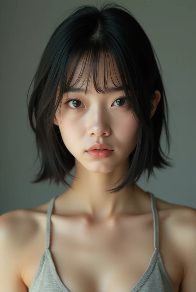 Japanese woman, 30 years old, very short hair, streight face showing no emotion, looking into camera, tank top, no bra, standing streight, frontal view, highly detailed face, high resolution, no make-up, photorealistic