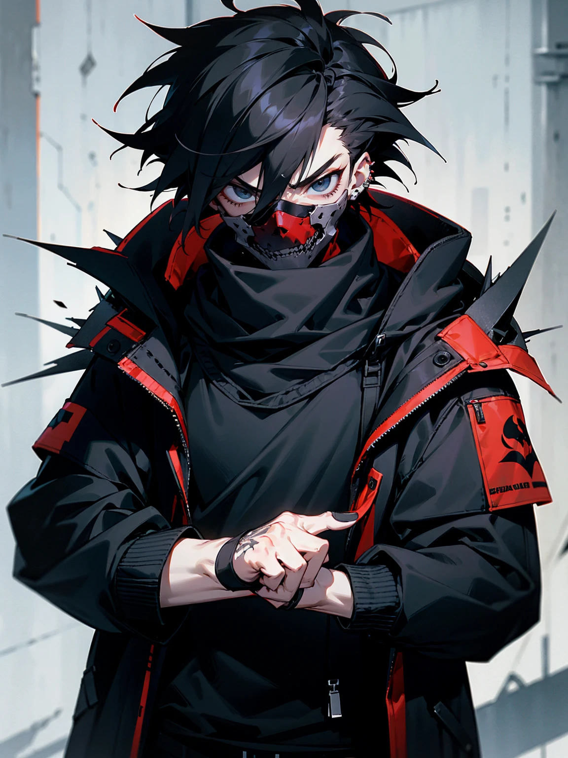 1male, adult, messy hair, black hair, spiky hair, beanie, hood on head, black eyes, red skull mask, eye piercing, lazy expression, serious expression, black techwear jacket, black sweatpants, lean build