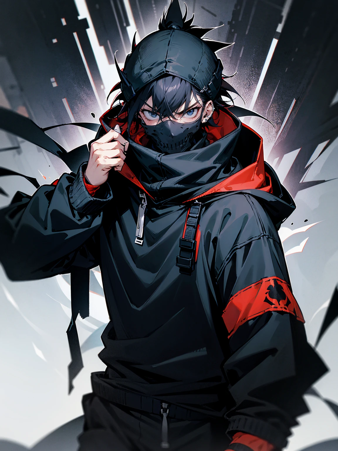 1male, adult, messy hair, black hair, spiky hair, beanie, hood on head, black eyes, red skull mask, eye piercing, lazy expression, serious expression, black techwear jacket, black sweatpants, lean build