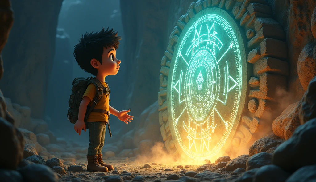 Prompt:
Max, with eyes wide and hand outstretched, approaches a glowing, ancient artifact. The ground beneath him begins to tremble, and the artifact radiates with intense light.