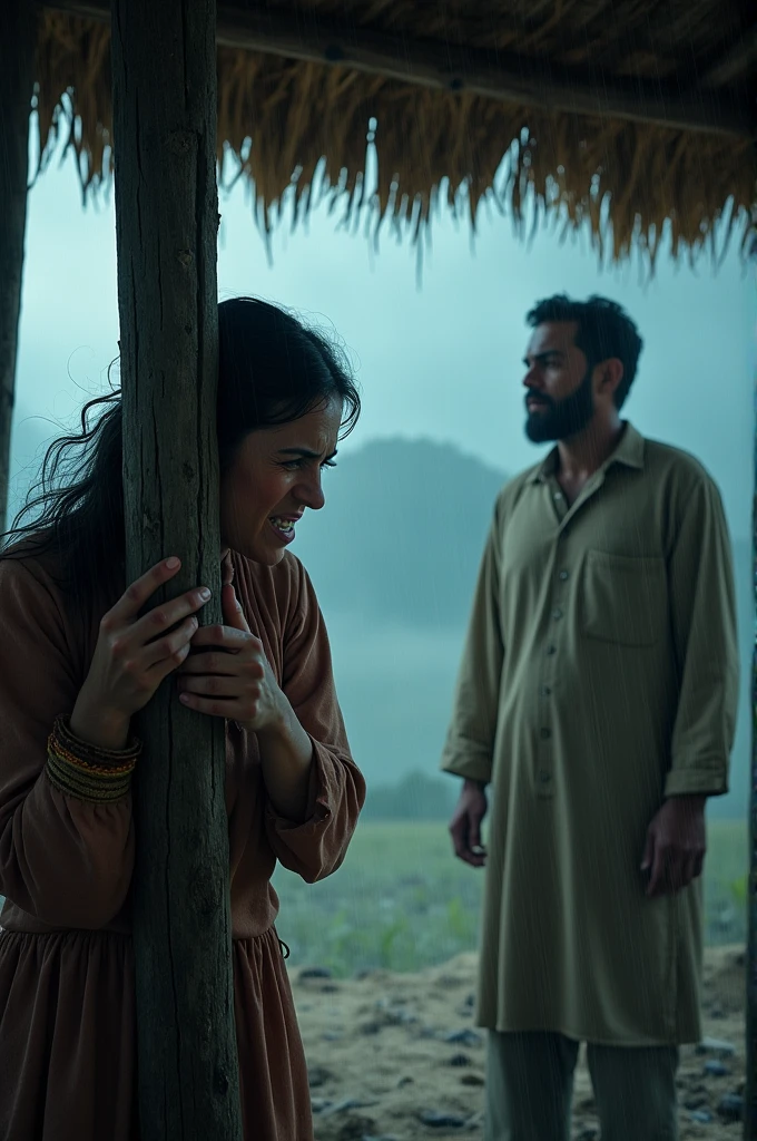 During a heavy storm, a woman and her husband live in a hut
The woman is holding on to the pillars of the house and is looking angrily at her husband. 
And her husband is standing and giving the call to prayer
