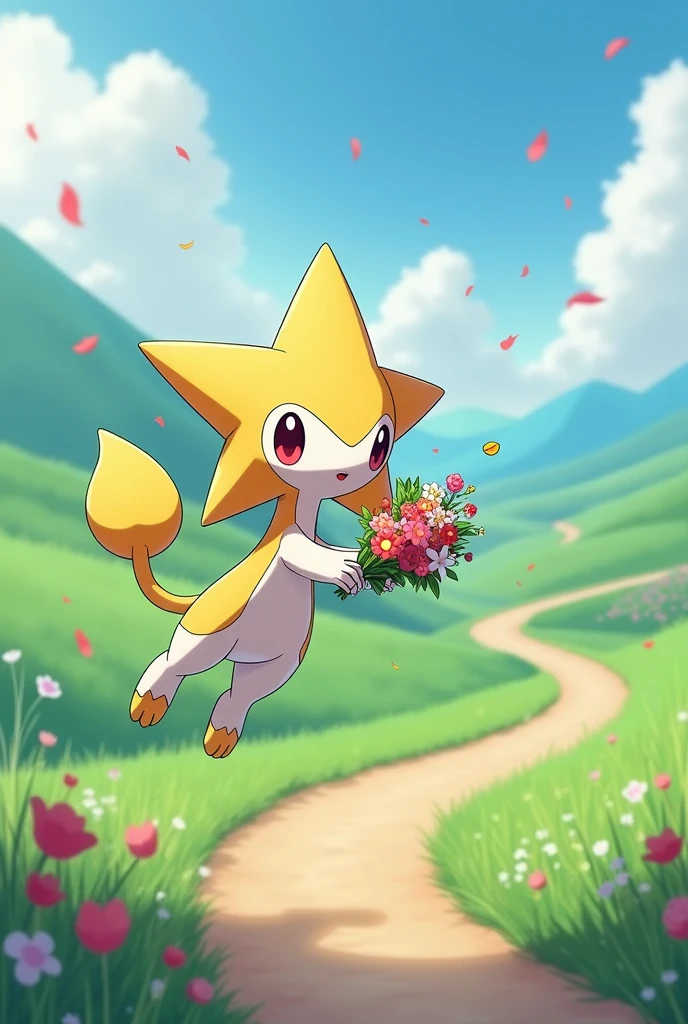 Create an image with the phrase " I send you flowers that I pick up from the road" using a Jirachi Pokémon