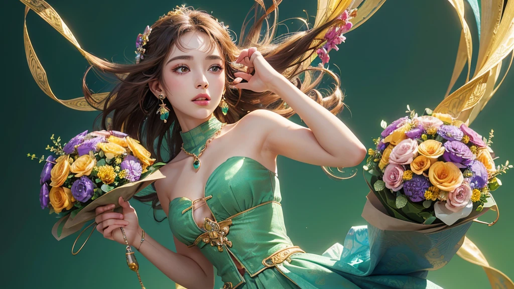 32K, 最高quality, 最高masterpiece, (ultra-Detailed Background, Detailed Background), High resolution, Super detailed, Very detailedな, One girl, (bouquet:1.3), (Tangled:1.2), (Geometric:1.2),(colorful),(masterpiece, quality, best quality, Official Art, Beautiful and beautiful:1.2), (1 girl:1.3), Very detailed,(colorful:1.1)(Flowers:1.3),Most detailed,(Tangled:1.2), whole body, (Abstract background:1.3), (Skin glows), (Many colors:1.4), ,(Earrings Jewelry:1.5), Light green background,