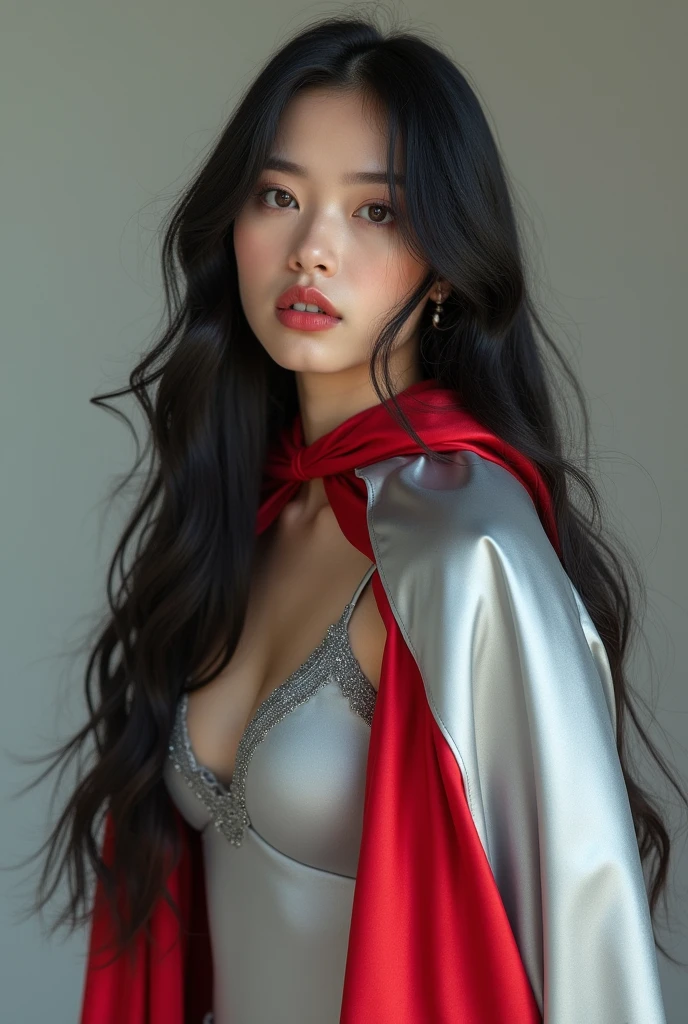 (RAW photo, best quality, masterpiece, ultra-detailed, high res), (realistic),(extremely delicate and beautiful:1), mesmerizing picture of beautiful girl in her 20s with long black hair , wearing a long silver and red lined satin cape tied at the neck with a ribbon , silver leotard , highly detailed, extremely high-resolution details, photographic, realism pushed to extreme, fine texture, 4k, ultra-detailed, high quality, high contrast