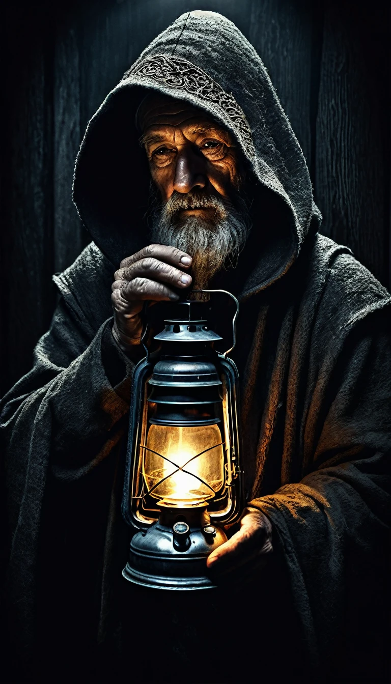 a hooded old man holding an oil or gas lantern, a hermit, detailed portrait, dramatic lighting, moody atmosphere, chiaroscuro, woodcut, linocut, etching, monochrome, medieval, fantasy, cinematic, (best quality,8k,highres,masterpiece:1.2),ultra-detailed,(realistic:1.37),chiaroscuro lighting,dramatic shadows,textured paper,old paper,grungy,dark,moody,medieval,fantasy,cinematic