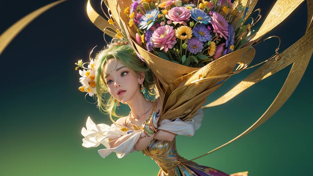 32K, 最高quality, 最高masterpiece, (ultra-Detailed Background, Detailed Background), High resolution, Super detailed, Very detailedな, One girl, (bouquet:1.3), (Tangled:1.2), (Geometric:1.2),(colorful),(masterpiece, quality, best quality, Official Art, Beautiful and beautiful:1.2), (1 girl:1.3), Very detailed,(colorful:1.1)(Flowers:1.3),Most detailed,(Tangled:1.2), whole body, (Abstract background:1.3), (Skin glows), (Many colors:1.4), ,(Earrings Jewelry:1.5), Light green background,