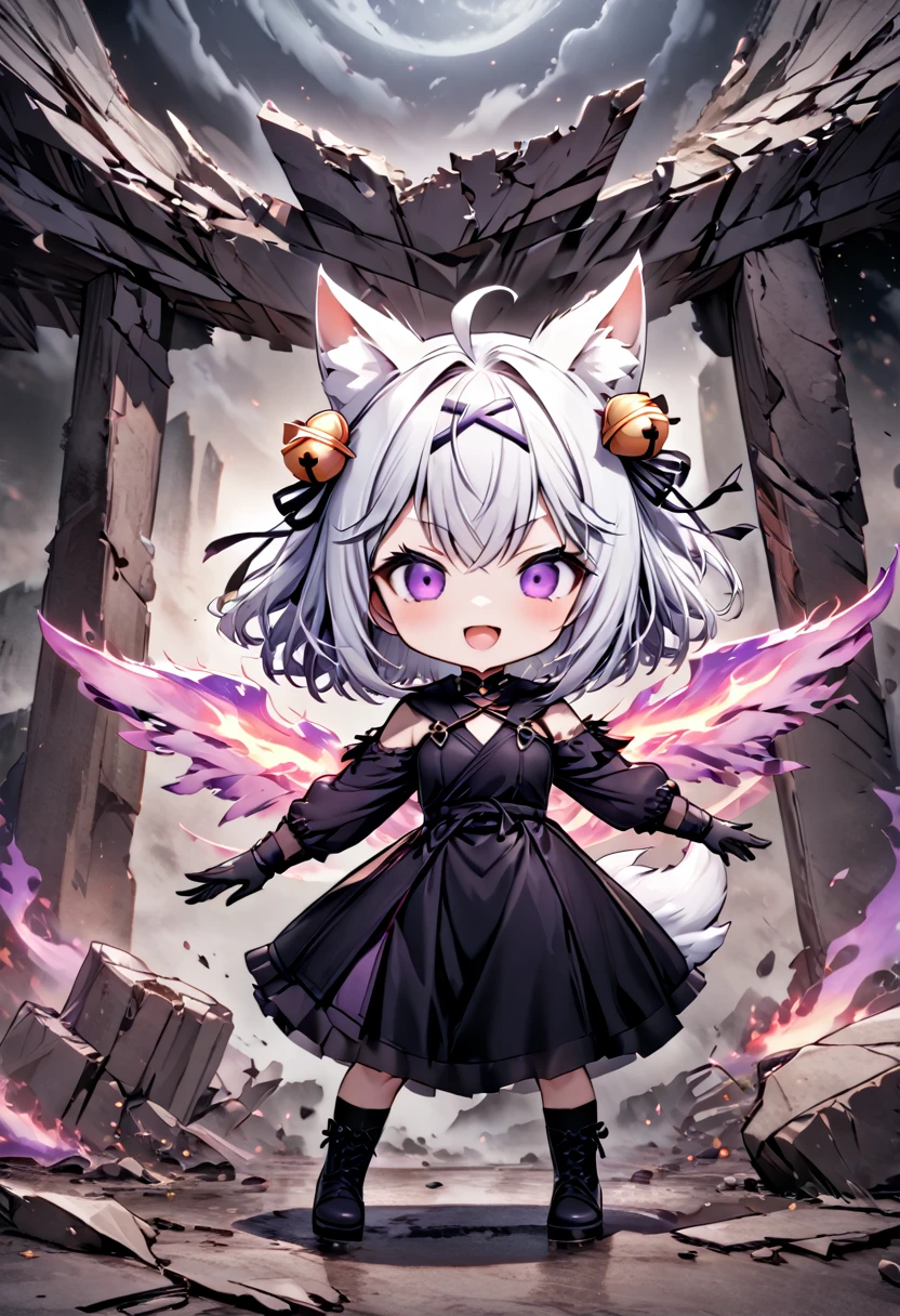 master piece, best quality, ultra-detailed, illustration, midnight, battlefield, gloomy atmosphere, broken walls, ruins, purple flames, 1girl, solo, chibi, (big head), cute pose, front view, looking at viewer, (full body Close up:1.5), filian, filianoverall, Filiansailor, ((white hair)) , short hair, shoulder length hair, fly-away hair, bangs, hairclip, purple hair ornament, cat ears, (hair bell:1.3) ahoge, purple eyes, open mouth, smiling, (flaming wings:1.3), (white fluffy fox tail), (black tattered robe), long gown, black arm sleeves, black gloves, wielding heavy sword, black stockings, black boots