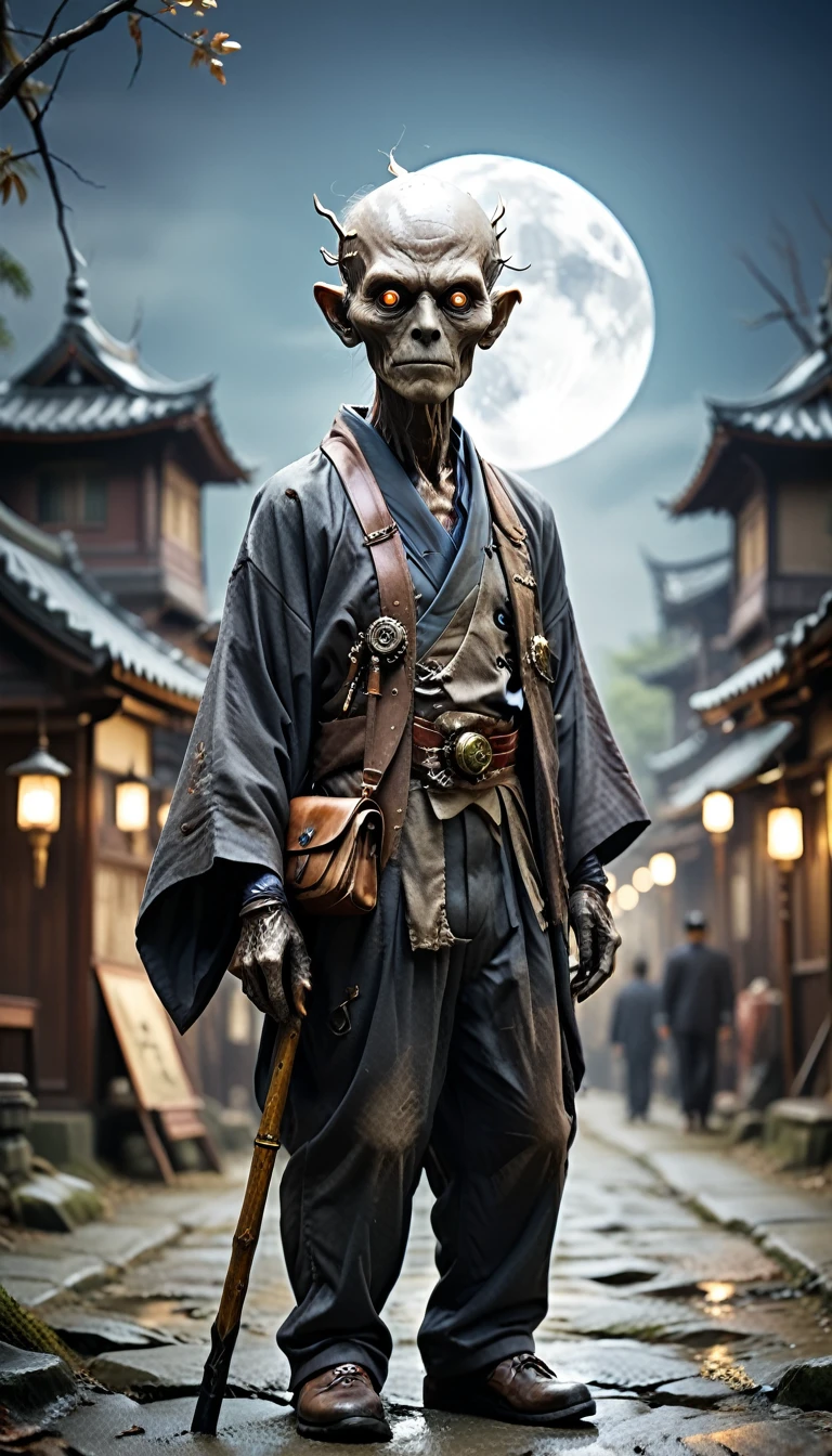 Steampunk Night City、Full moon in the sky、Shining Light、Horror-themed movie stills,、short, An 80-year-old man with a big head,Walk to here、Alien-like head 、Has a walking stick、No corners、Head enlargement(Head size 1:9)、(Full body portrait:1.3), Nurarihyon、I am wearing a kimono, Shallow depth of field, Vignette, Very detailed, High budget, Bokeh, CinemaScope, Sulky, wonderful, Nice, Film Grain, granular . Spooky, Concerned, dark, Spookyな, Suspenseful, strict, Very detailed