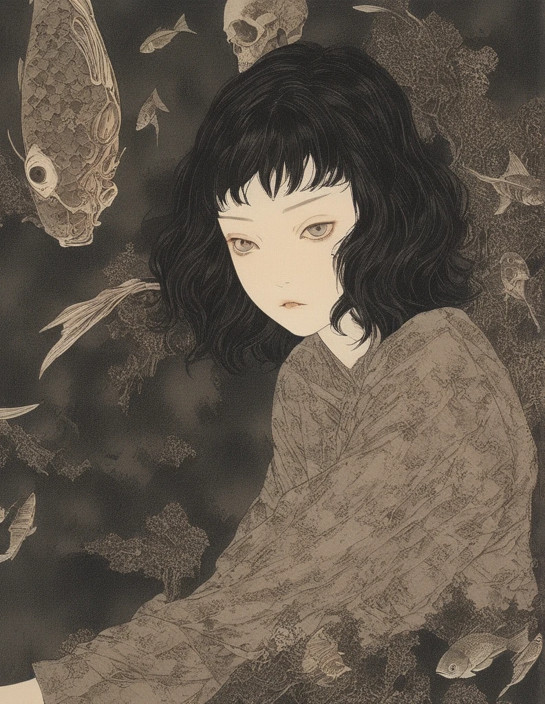 Generate an illustration of a beautiful girl looking at a museum exhibition room lined with fish bone specimens, in the style of Takato Yamamoto. The main focus is on the fish specimens. The exhibition room is dark, and only the fish bone specimens are lit up. Please incorporate fantasy elements into the fantastical scenery.