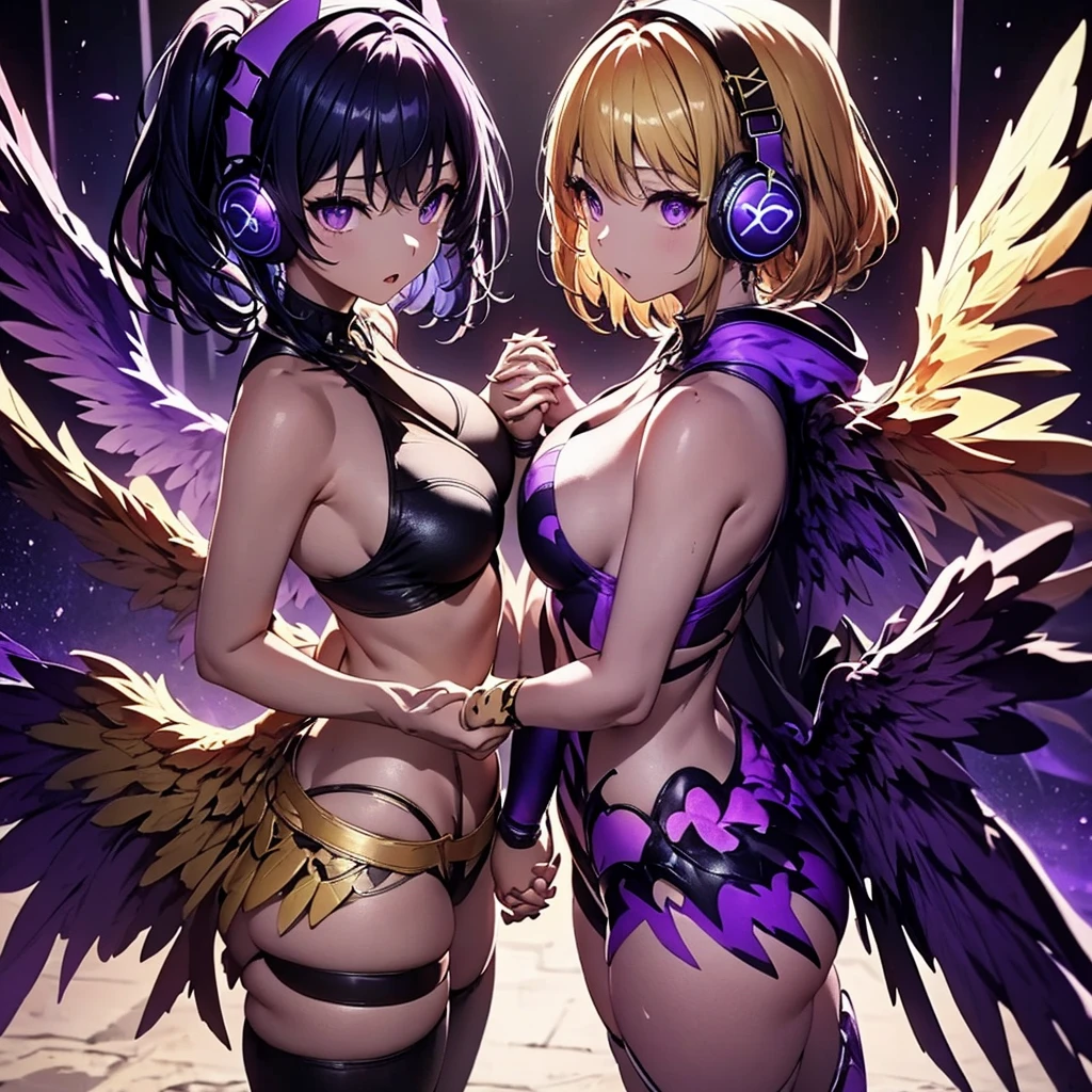 ((Highest quality)), (detailed), Holding hands and standing with their backs together, a girl with dark blue hair, short hair, long bangs, large breasts, purple eyes, and white headphones, and a girl with average size, small breasts, long blonde hair, purple eyes, and a long side ponytail with large wings, flames、Idol、Holding hands and standing back to back.0、Yellow and purple light cube background 1.7、Idol衣装1.6、Anatomically correct 2.0、Two people 2.0、Pastel 0.6