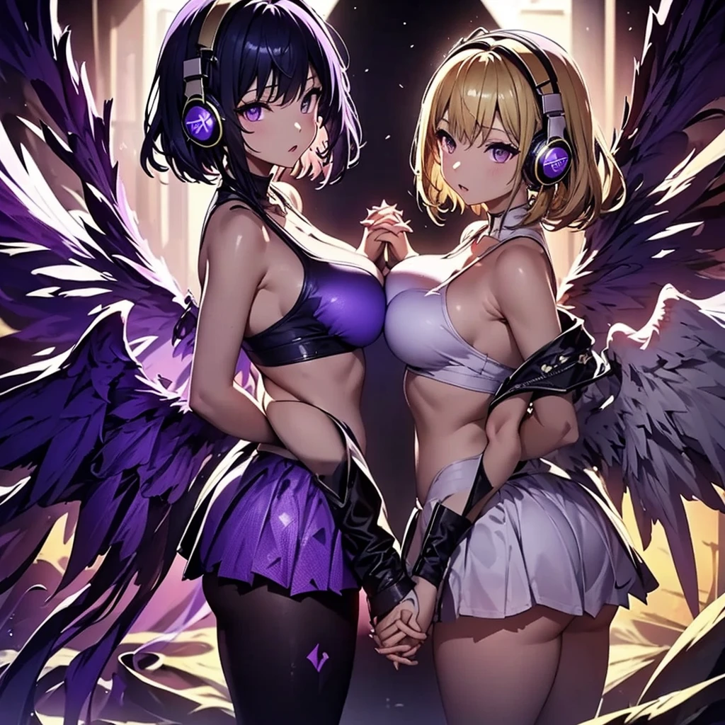 ((Highest quality)), (detailed), Holding hands and standing with their backs together, a girl with dark blue hair, short hair, long bangs, large breasts, purple eyes, and white headphones, and a girl with average size, small breasts, long blonde hair, purple eyes, and a long side ponytail with large wings, flames、Idol、Holding hands and standing back to back.0、Yellow and purple light cube background 1.7、Idol衣装1.6、Anatomically correct 2.0、Two people 2.0、Pastel 0.6