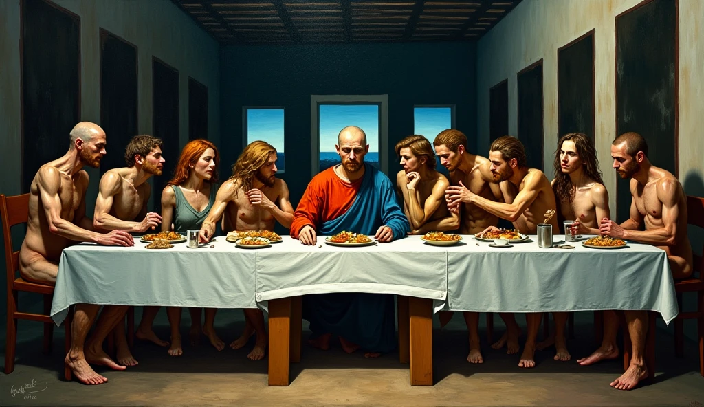 Painting of the Last Supper by 12 people, allegedly painted by Van Gogh、night ((Anatomically correct,Surrealism, uhd, retina, accurate, anatomically correct, textured skin, super detail, high details, best quality, 8k))