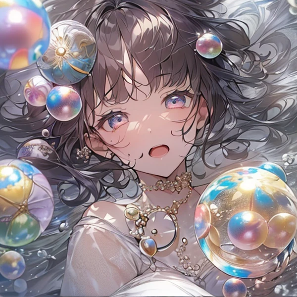  (masterpiece), (Highest quality), (Very detailed),(Messy Hair),(shape), (1 girl), (garteners)Fine and beautiful eyes,Delicate and beautiful face,floating,(High saturation),(Pearl Accessories),Pearl Ball Bubble,(The Shining),Focus on the face, Sit on a pearl ball, (((Panty shot)))