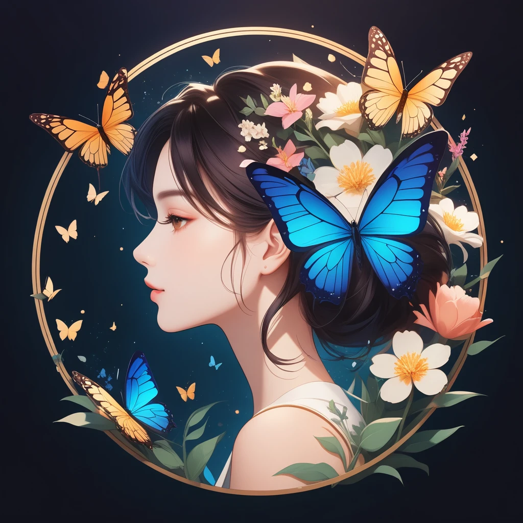 simple, cool, symbol logo, facial profile, 8k, a butterfly, flowers floating in a circle