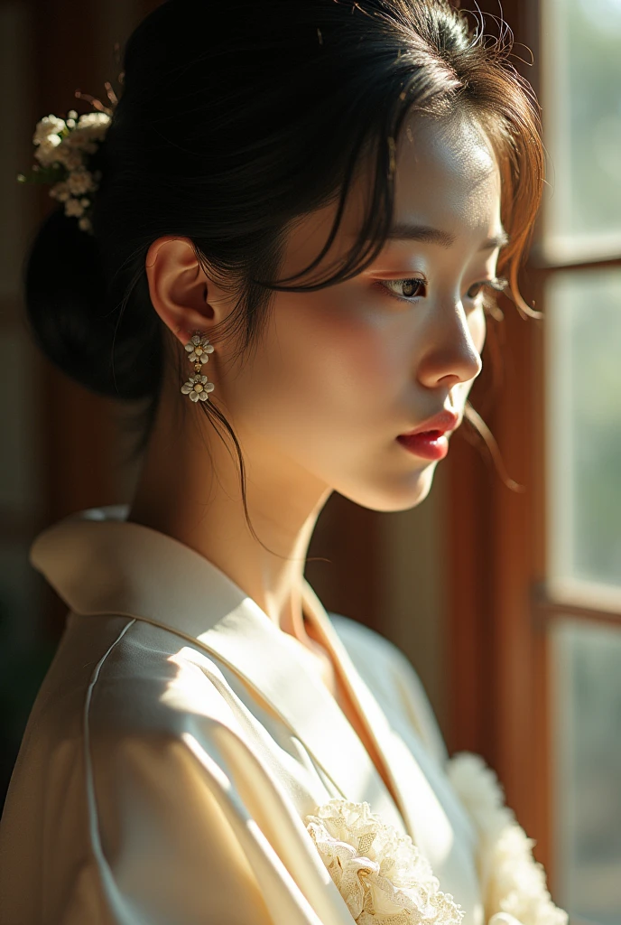 An elegantly dressed Japanese woman in natural light、A close-up of her chest and calm expression.、It shows her inner peace and outer charm.。