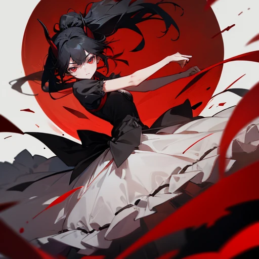 1 Girl,Black Hair,Messy ponytail,Red Eyes,Delicate eyes,The clothes are delicate,dress,黒と赤のdress,Dancing Alone,Big ribbon,Horns on the head,The background is a stage with no one,A world with no one,A large red moon is in the background.,