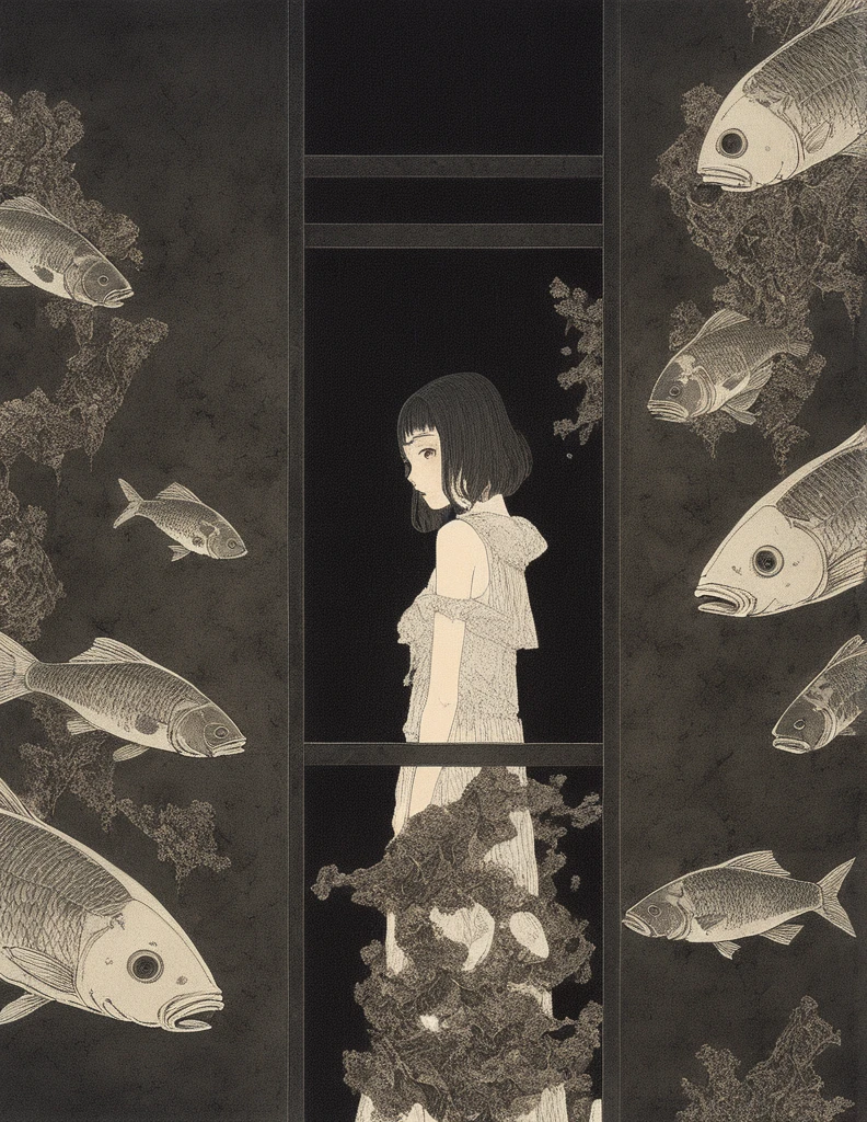 Takato Yamamoto style、Please generate an illustration of a beautiful girl observing an exhibition room in a museum filled with fish bone specimens. The main thing is fish specimens. The exhibition room is dark and only the fish bone specimens are lit up. Incorporate fantasy elements with magical landscapes. Please make it look like the key visual of the anime. --s 1000 --c 1 --style raw --no lowest detailed , lowest quality , poor illustration , flat , realistic --niji 6 --sref 3277626525