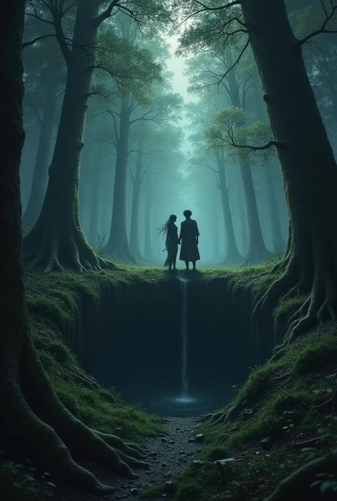 A dark, ominous forest with tall trees casting long shadows. The young man, with a greedy expression, forces his wife, Ratnavati, to give up her jewelry. He is seen pushing her and a maid into a deep well. The scene is tense and filled with a sense of betrayal."