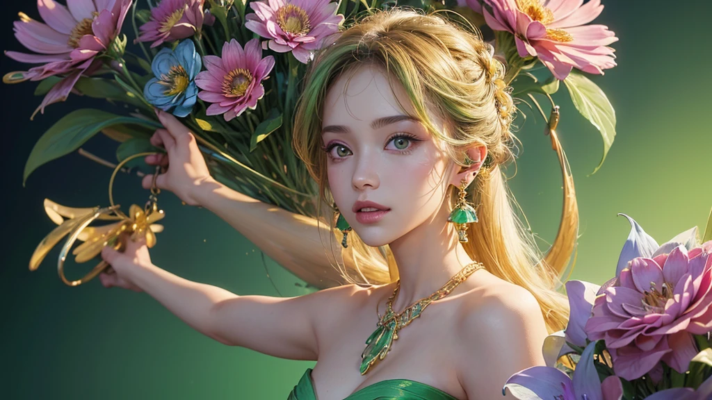 32K, 最高quality, 最高masterpiece, (ultra-Detailed Background, Detailed Background), High resolution, Super detailed, Very detailedな, One girl, (bouquet:1.3), (Tangled:1.2), (Geometric:1.2),(colorful),(masterpiece, quality, best quality, Official Art, Beautiful and beautiful:1.2), (1 girl:1.3), Very detailed,(colorful:1.1)(Flowers:1.3),Most detailed,(Tangled:1.2), whole body, (Abstract background:1.3), (Skin glows), (Many colors:1.4), ,(Earrings Jewelry:1.5), Light green background,