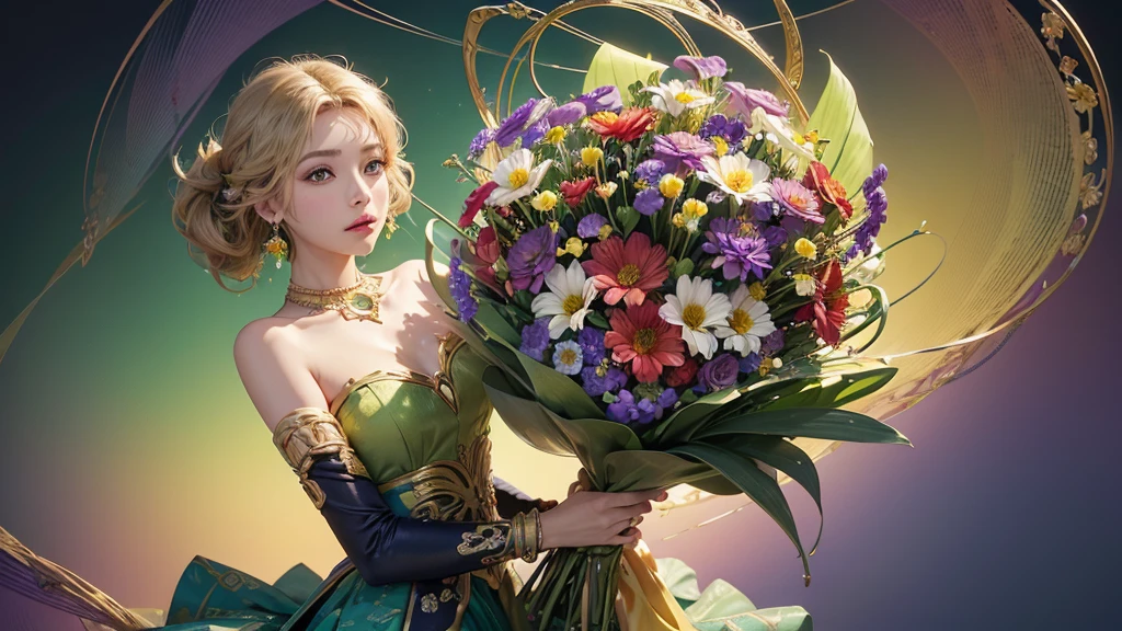 32K, 最高quality, 最高masterpiece, (ultra-Detailed Background, Detailed Background), High resolution, Super detailed, Very detailedな, One girl, (bouquet:1.3), (Tangled:1.2), (Geometric:1.2),(colorful),(masterpiece, quality, best quality, Official Art, Beautiful and beautiful:1.2), (1 girl:1.3), Very detailed,(colorful:1.1)(Flowers:1.3),Most detailed,(Tangled:1.2), whole body, (Abstract background:1.3), (Skin glows), (Many colors:1.4), ,(Earrings Jewelry:1.5), Light green background,