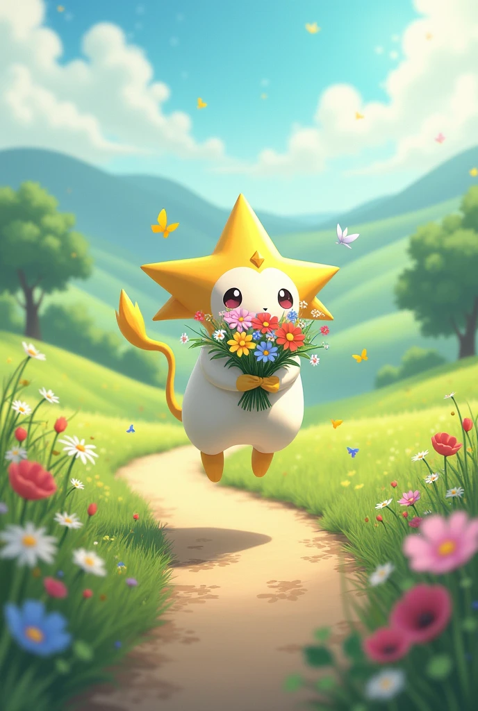 Create an image by adding the phrase " I send you flowers that I pick up from the road" including the Pokémon Jirachi 