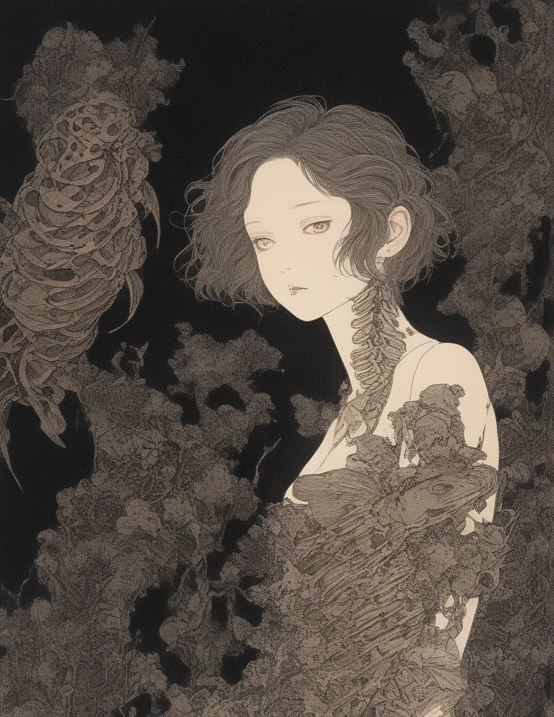 Takato Yamamoto style、Please generate an illustration of a beautiful girl observing an exhibition room in a museum filled with fish bone specimens. The main thing is fish specimens. The exhibition room is dark and only the fish bone specimens are lit up. Incorporate fantasy elements with magical landscapes. Please make it look like the key visual of the anime. --s 1000 --c 1 --style raw --no lowest detailed , lowest quality , poor illustration , flat , realistic --niji 6 --sref 3277626525