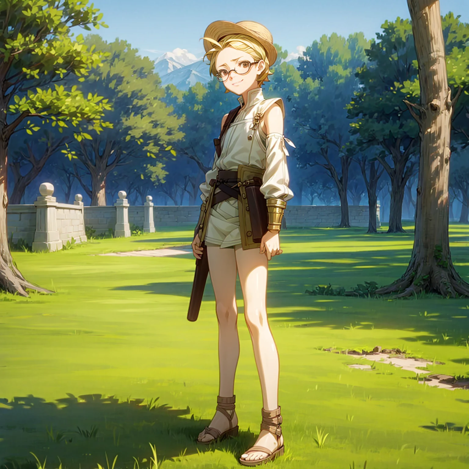 Solo character, full body version, kid girl, brown eyes, blonde color hair, short bob hair, casual clothing, bare shoulder clothing, sandals, outdoor, town, medieval, morning, standing gesture, detailed background, detailed clothing, detailed hair, happy eyes, (food wars style art), straw hat, glasses 