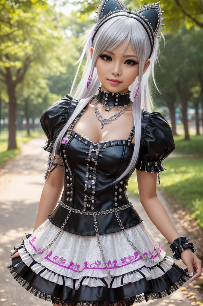 sexy stylish Thai model, only 1 female, long multicolor stylish hair, ((shiny Punk-Style boots)), smile, light soft makeup, lip-gloss, ((sexy Punk ta cosplay)), unconventional skirt, petticoats, high neckline, ((ultra detailed lace)), ((ultra detailed embroidery)), intricate details, tartan patterns, ((silver chains)), ((silver spikes)), ((safety pins)), Punk Loliccessoires, Punk Lolita cr, ((large sparkling Punk Lolita jewel, cinematic light, detailed large park background with trees