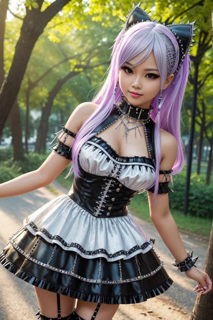 sexy stylish Thai model, only 1 female, long multicolor stylish hair, ((shiny Punk-Style boots)), smile, light soft makeup, lip-gloss, ((sexy Punk Lolita cosplay)), unconventional skirt, petticoats, high neckline, ((ultra detailed lace)), ((ultra detailed embroidery)), intricate details, tartan patterns, ((silver chains)), ((silver spikes)), ((safety pins)), Punk Lolita accessoires, Punk Lolita choker, ((large sparkling Punk Lolita jewelry)), cinematic light, detailed large park background with trees