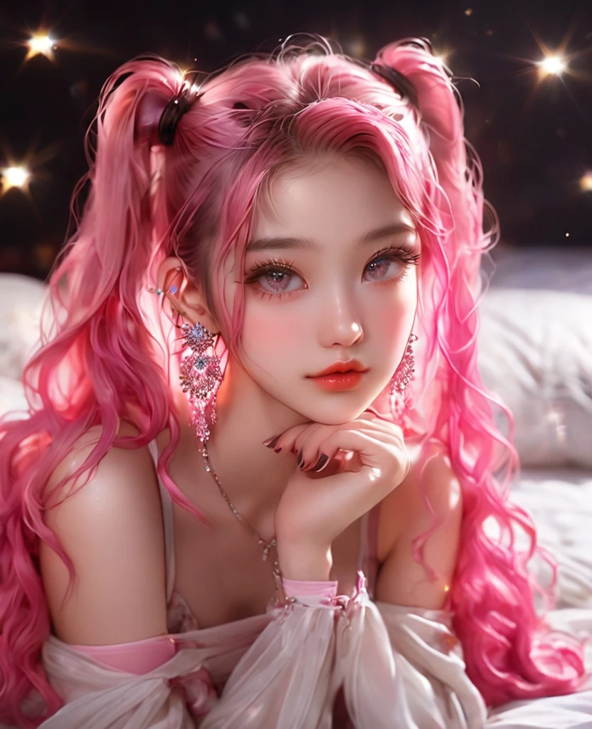 8K,Asian cute girl,an extremely delicate and beautiful,Beautiful and realistic skin,Shiny jewel-like earrings,Bedhead,like glitter pink hair,,beautiful eyes,full body