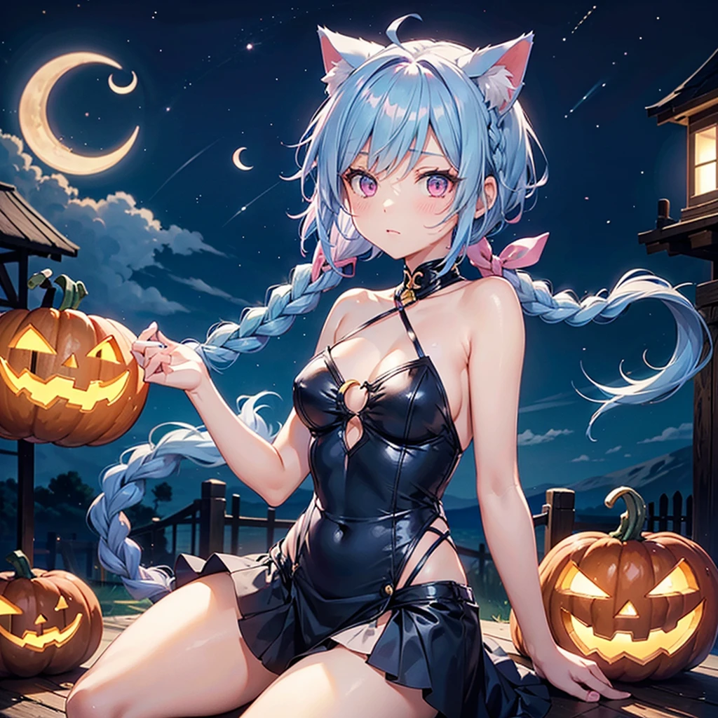 (Sky blue hair),(Braided short hair), (Pink Eyes),Fair skin) ,(whole body),(One Girl),(Crescent Moon),(There are lots of pumpkin ghosts in the background),Cat ear,Cat's Tail,(Sailor suit),(Ahegao),(Fall into Darkness),If you don't give me sweets, I'll play a prank on you.),Halloween Night Party),(masterpiece, Highest quality, Very detailed, Best Shadow), (Detailed Background), (Beautifully detailed face), High Contrast, (Best lighting, Very delicate and beautiful), ((Cinematic Light)), Hyper Detail,8k, Dramatic Light, Intricate details,night,(Bats flying in the background),Pumpkin handbag,There are sweets in the bag,