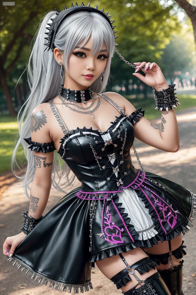 sexy stylish Thai model, only 1 female, long multicolor stylish hair, ((shiny Punk-Style boots)), smile, light soft makeup, lip-gloss, ((sexy Punk Lolita cosplay)), unconventional skirt, petticoats, high neckline, ((ultra detailed lace)), ((ultra detailed embroidery)), intricate details, tartan patterns, ((silver chains)), ((silver spikes)), ((safety pins)), Punk Lolita accessoires, Punk Lolita choker, ((large sparkling Punk Lolita jewelry)), cinematic light, detailed large park background with trees