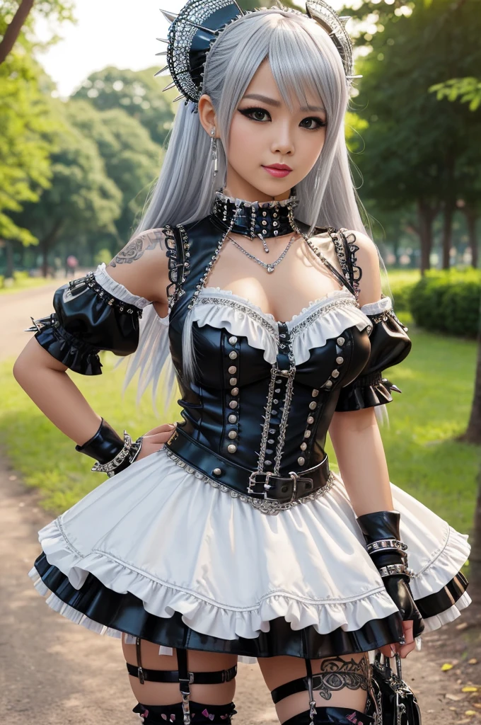 sexy stylish Thai model, only 1 female, long multicolor stylish hair, ((shiny Punk-Style boots)), smile, light soft makeup, lip-gloss, ((sexy Punk ta cosplay)), unconventional skirt, petticoats, high neckline, ((ultra detailed lace)), ((ultra detailed embroidery)), intricate details, tartan patterns, ((silver chains)), ((silver spikes)), ((safety pins)), Punk Loliccessoires, Punk Lolita cr, ((large sparkling Punk Lolita jewel, cinematic light, detailed large park background with trees