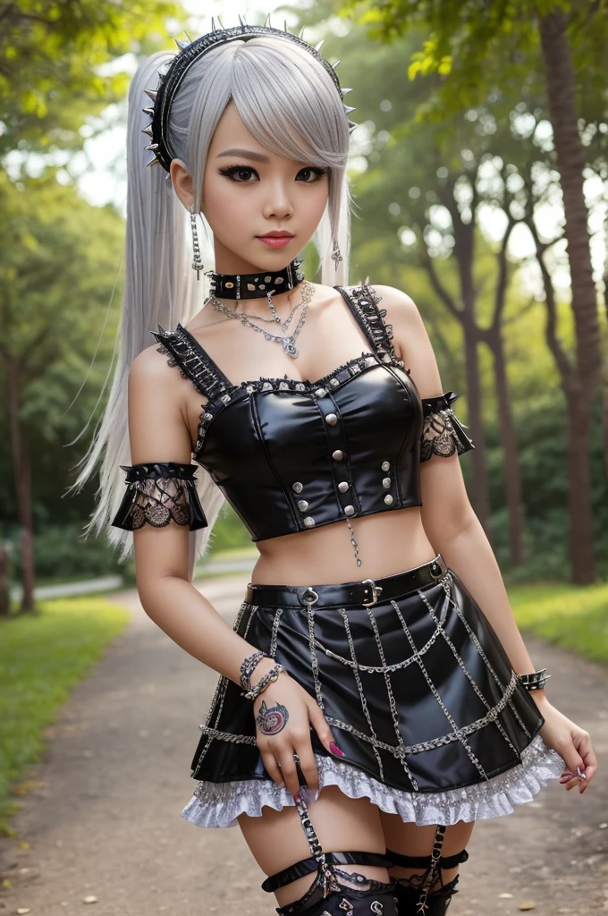 sexy stylish Thai model, only 1 female, long multicolor stylish hair, ((shiny Punk-Style boots)), smile, light soft makeup, lip-gloss, ((sexy Punk Lolita cosplay)), unconventional skirt, petticoats, high neckline, ((ultra detailed lace)), ((ultra detailed embroidery)), intricate details, tartan patterns, ((silver chains)), ((silver spikes)), ((safety pins)), Punk Lolita accessoires, Punk Lolita choker, ((large sparkling Punk Lolita jewelry)), cinematic light, detailed large park background with trees
