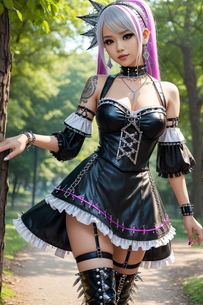 sexy stylish Thai model, only 1 female, long multicolor stylish hair, ((shiny Punk-Style boots)), smile, light soft makeup, lip-gloss, ((sexy Punk Lolita cosplay)), unconventional skirt, petticoats, high neckline, ((ultra detailed lace)), ((ultra detailed embroidery)), intricate details, tartan patterns, ((silver chains)), ((silver spikes)), ((safety pins)), Punk Lolita accessoires, Punk Lolita choker, ((large sparkling Punk Lolita jewelry)), cinematic light, detailed large park background with trees