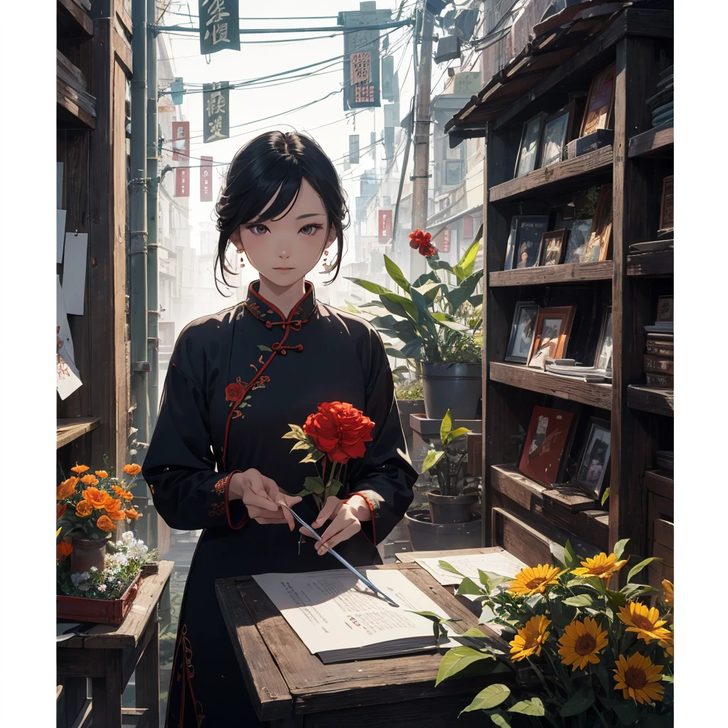 Old Shanghai,Miss,cheongsam,poster,Outlook,flowers, office lady,