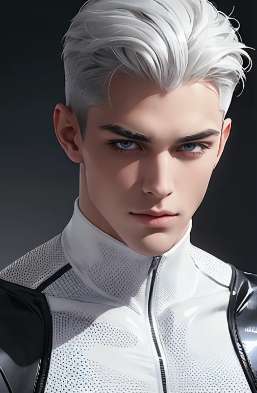 Ultra wide angle,Full body photorealistic 4k, high resolution, best quality, masterpiece, perfect color, perfect shade, perfect lighting, Posted by e621, ((portrait)), ((handsome man)), perfect male figure, Short hair details,chest muscles,abdominal muscles,wearing white and silver tight fit latex spandex and gloves,Detailed face, perfect face, (stood up), Detailed background, ((Bonifasco Lighting)), (delicate eyes),),white hair