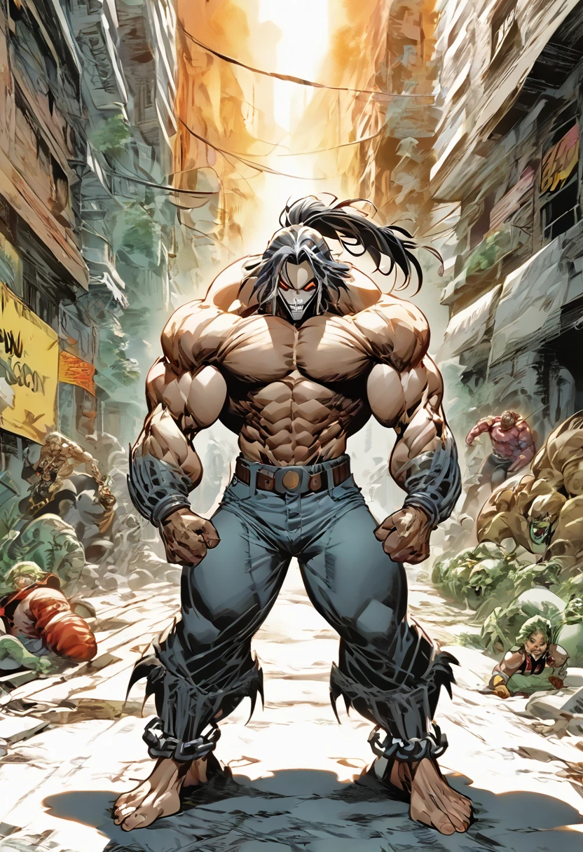 Pitt,a Image Comics 90’s character, muscular,buff,long hair,ponytail,grey darker skin, alien guy,red eyes,big hands,big feet’s,big jaw,great cheeks bones,heavy claws,shirtless, a powerful physique,tired up jeans,heavy chains tied around the body,a tiny black jacket without sleeves and a red collar,standing barefoot in an urban setting, inspired by the style of Marc Silvestri, 90’s comics, masterfully rendered with exceptional detail and realism, vivid colors, and dramatic lighting.