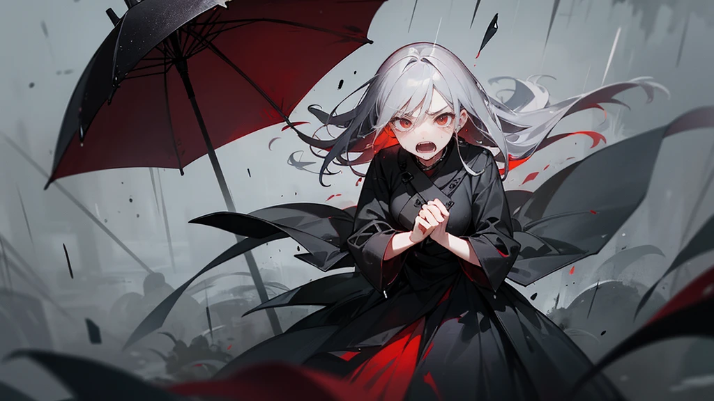 Anime girl with long hair and a white shirt holding a black umbrella, Yandere intricate, Pale woman covered in blood, Yandere, Bloodyの + Concept Art, Gwaiz, Gwaiz on pixiv artstation, Zerochan Art, gapmoe Yandere, Bloody, Gwaiz on artstation pixiv, gapmoe Yandere grimdark