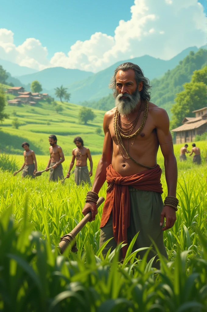 **Hari working in the fields**: Hari, the farmer, is shown working in his fields with other villagers in the background. The scene captures the lush green crops under a clear sky, with the villagers tending to their work