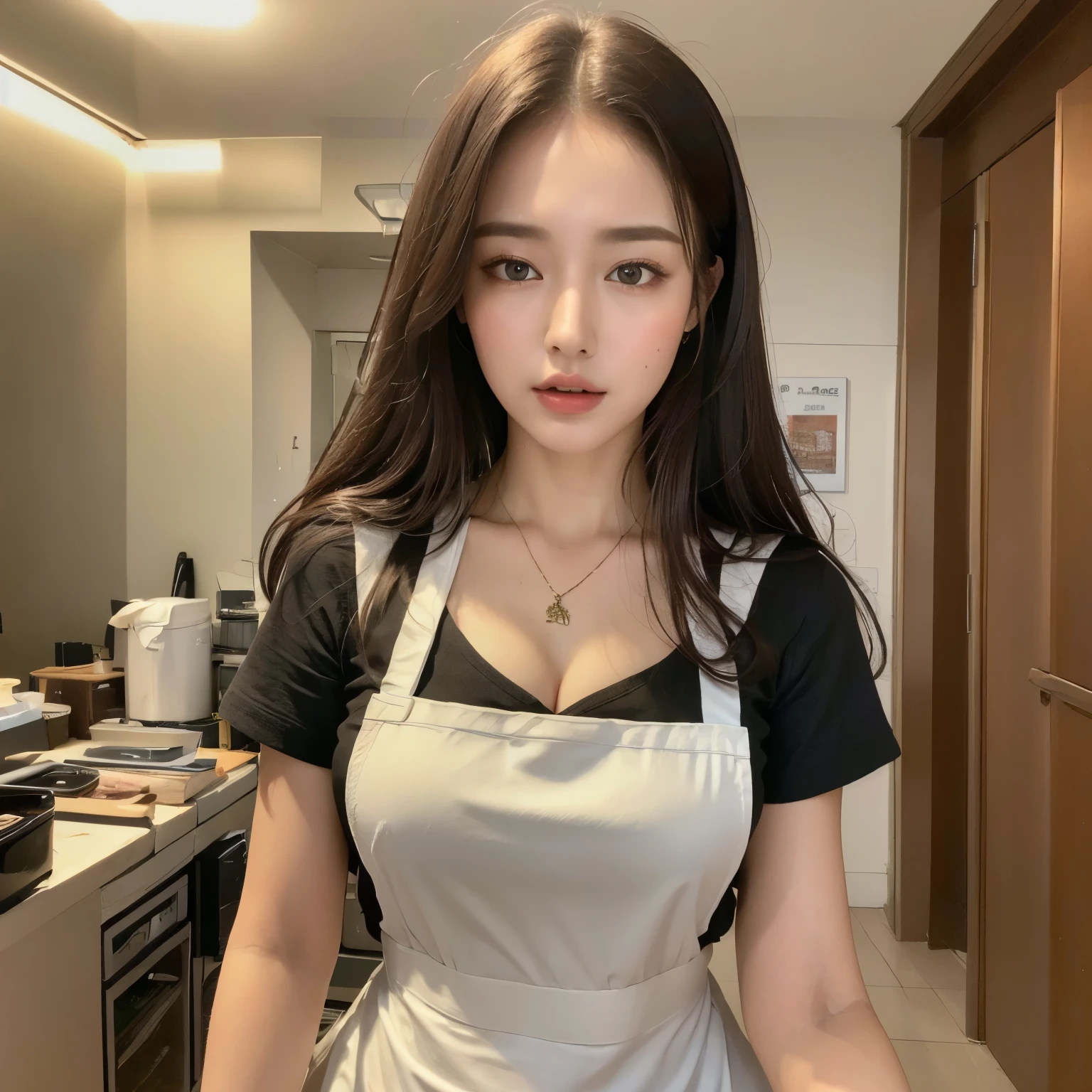 (Highest quality, 8k, masterpiece: 1.3), Beautiful woman with perfect figure: 1.2, Dark brown hair, Wear a pendant, Wearing an apron, In the kitchen, Highly detailed face and skin, Detailed eyes, double eyelid, Big Breasts