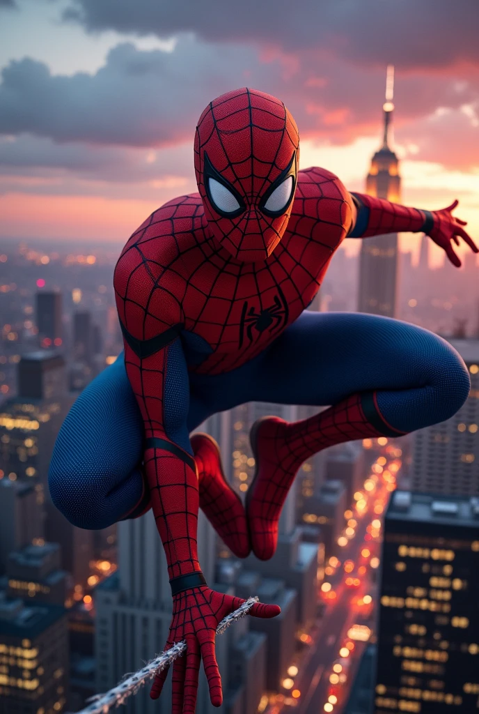 (best quality,4k,8k,highres,masterpiece:1.2),ultra-detailed,(realistic,photorealistic,photo-realistic:1.37),spiderman,spider man,superhero,Marvel character,New York City,skyscraper,tall building,cityscape,crowded streets,Central Park,beautiful skyline,NYC skyline,glimmering lights,night view,twinkling stars,crimson sunset,dark clouds,urban landscape,flying,webslinger,red and blue costume,mask,webs,swinging,action-packed,tense atmosphere,intense gaze,muscular physique,heroic pose,adrenaline rush,incredible strength,towering heights,excitement,adventure,thrilling experience,gravity-defying,fast-paced,dynamic movement,acrobatic,energetic,jaw-dropping action,exhilarating,hypnotic spectacle,awe-inspiring marvel,colorful visuals,dramatic lighting,epic scene,spectacular display of power,iconic superhero,defender of justice,protector of the innocent,amazing abilities,larger-than-life figure,metropolis,building rooftops,spectacular panorama,New York City's spirit,enthralling view