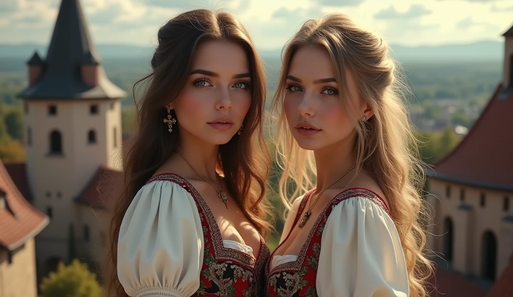 Two young Latvian woman standing, wearing sexy Latvian national costume, Latvian ornaments, daytime, Medieval churches, detailed body, detailed face, gorgeous, surreal, seductive, cute, long hair, hot summer, bokeh effect, detailed background, volumetric light, drop shadow, 8k
