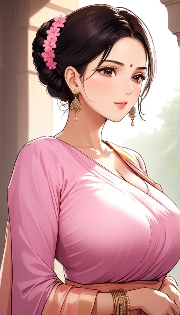 (1woman, mature, hair braid bun , full sleeve blouse,light light pink bold saree, heavy big traditional Indian jhumka earrings , detailed alluring , saggy breasts